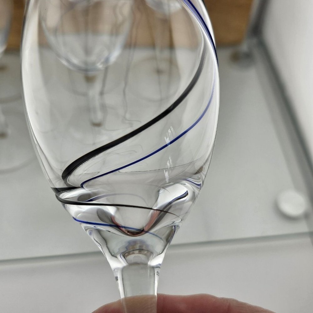6) Fused Glass Swirl Delicate Double Line Champagne Flutes 8" Glasses blue black - Picture 9 of 11